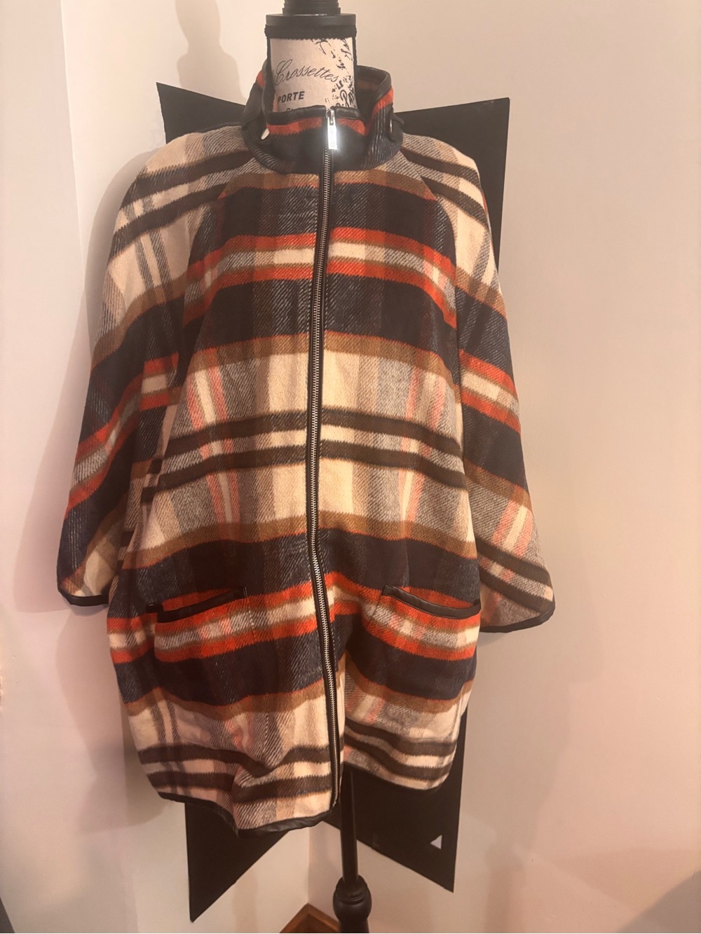 Riley & Rae Checked Zip-Up Cape in Cream, Brown & Orange